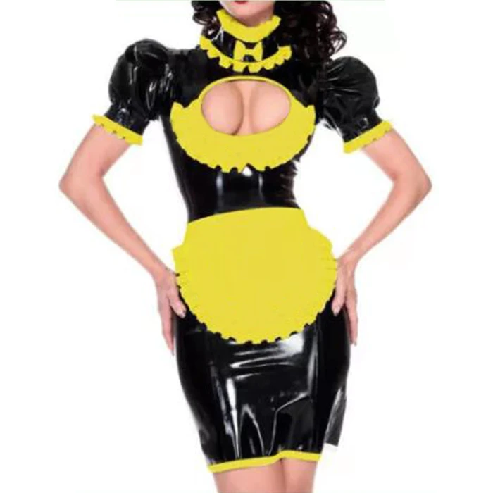 Maid outfit Sweet Lolita Women Leather PVC Gothic Dress Puff Sleeve Bodycon Mini Dress Elegant Ladies Workwear Dress plus size