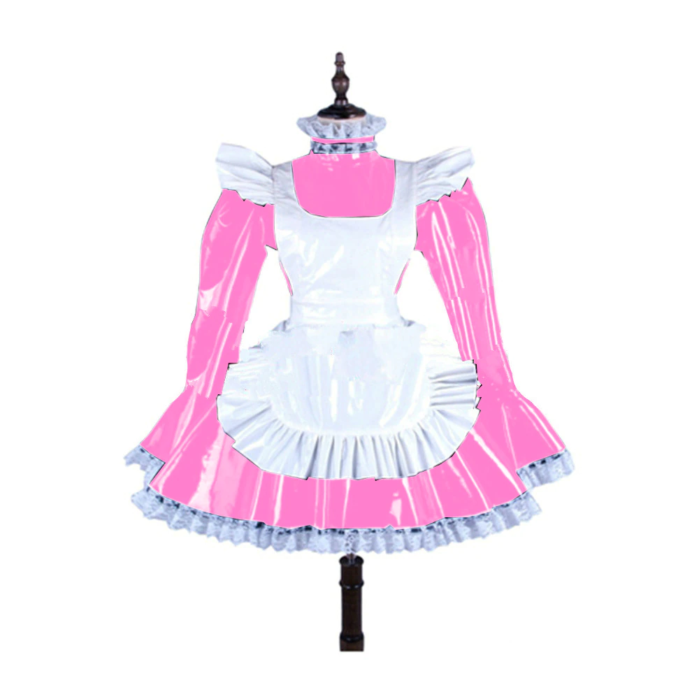 Plus Size Lace Trim Lovely Maid Mini Dress Women Long Sleeve A-line Dress  With White Apron Halloween Valentine Cosplay Costume