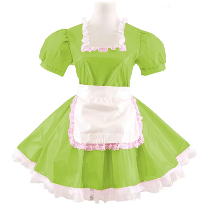 Women Adults Sissy Cosplay Costume Square Neck Lace Dress with Apron Lolita PVC Short Sleeve A-line Mini Maid Pleated Dress
