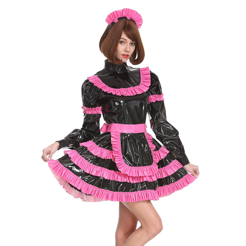 Lockable Sissy Maid Dress Plus Size Lolita PVC Maid Cosume with Bow PVC  Crossdressing Fetish Wear