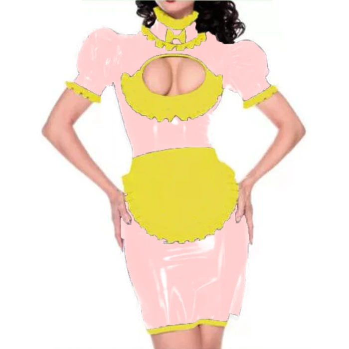 Maid outfit Sweet Lolita Women Leather PVC Gothic Dress Puff Sleeve Bodycon Mini Dress Elegant Ladies Workwear Dress plus size