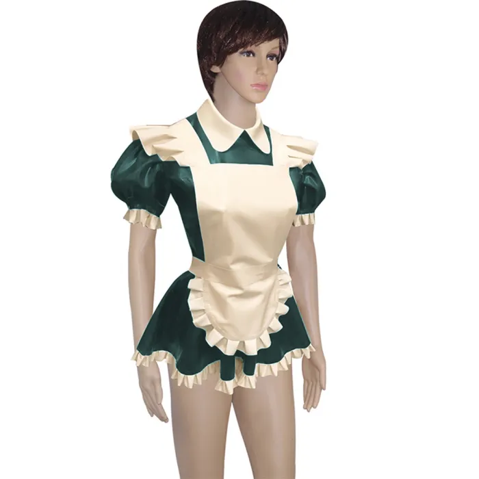 Mens Lockable Short Sleeve Turn-down Collar Maid Uniforms Sissy Glossy PVC Leather Maid Cosplay Costume Outfit Dress with Apron