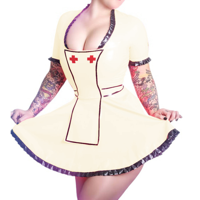 Wetlook PVC Scoop Neck Sexy Costumes Nurse Doctor Cosplay Short Sleeve Faux Latex Dress with Apron Nurse Halloween Lingerie 7XL