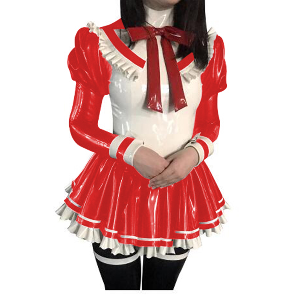 Sexy Faux Latex French Maid Dress Long Puffs Sleeves Ruffles Bows PVC ...