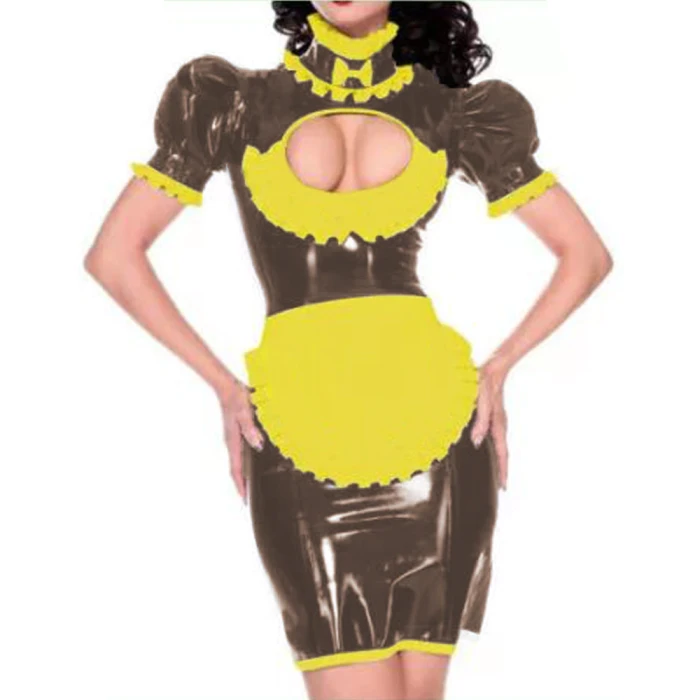 Maid outfit Sweet Lolita Women Leather PVC Gothic Dress Puff Sleeve Bodycon Mini Dress Elegant Ladies Workwear Dress plus size