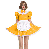 Womens Maid Sexy Costumes Plus Size Sissy Maid Cosplay PVC French Maid Uniform Outfit Ruffled Puff Sleeve Fancy Dress with Apron
