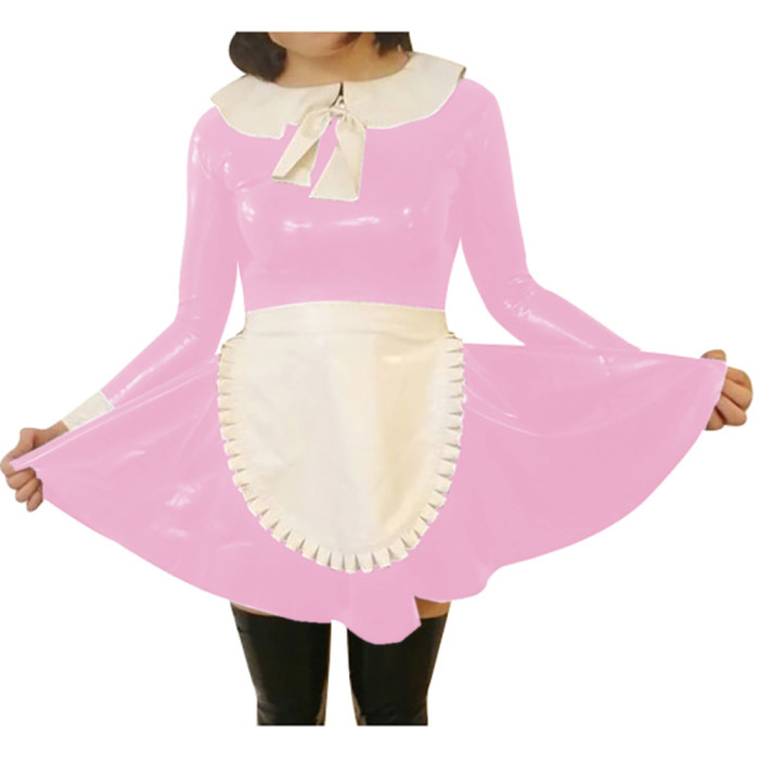 Halloween Party French Maid Dress with Apron Frills Sweet Peter Pan Collar A-line PVC Leather Maid Outfits Sissy Cosplay Costume