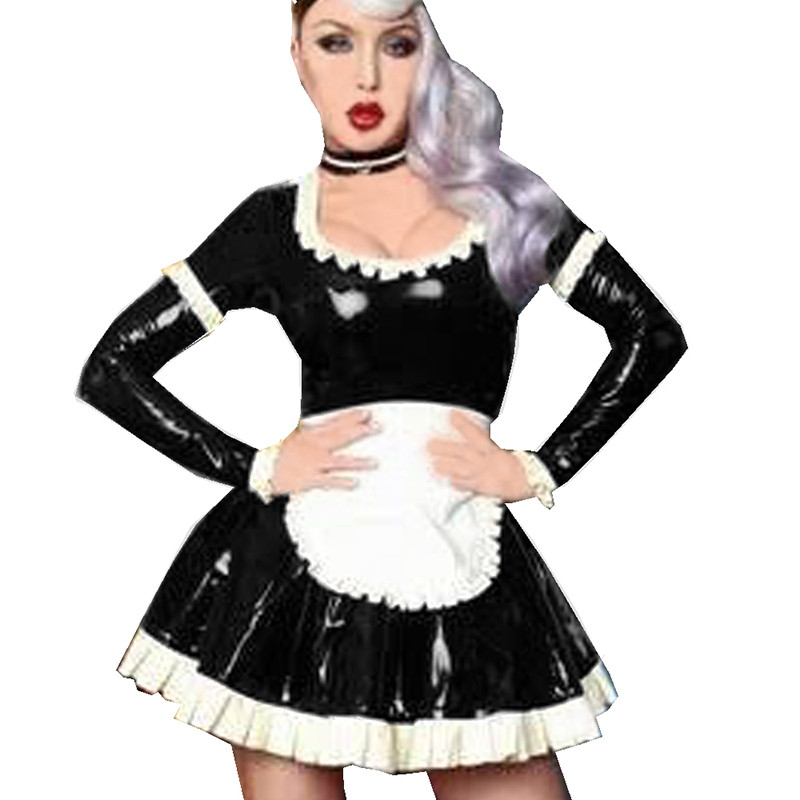 Women Long Sleeve Shiny PVC Maid Dress Maids Halloween Cosplay Costume Sissy Faux Leather Plus Size S-7XL Dresses With Apron