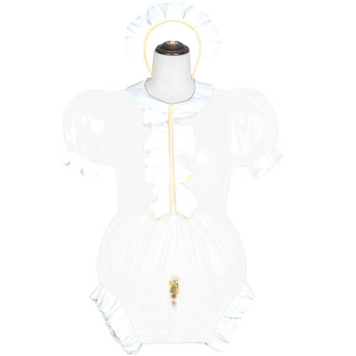 Maids Lockable Crotch Jumpsuits Rompers Sexy Cross Dressing Puff Short Sleeve Maid Cosplay Costumes Sissy Wetlook PVC Bodysuit