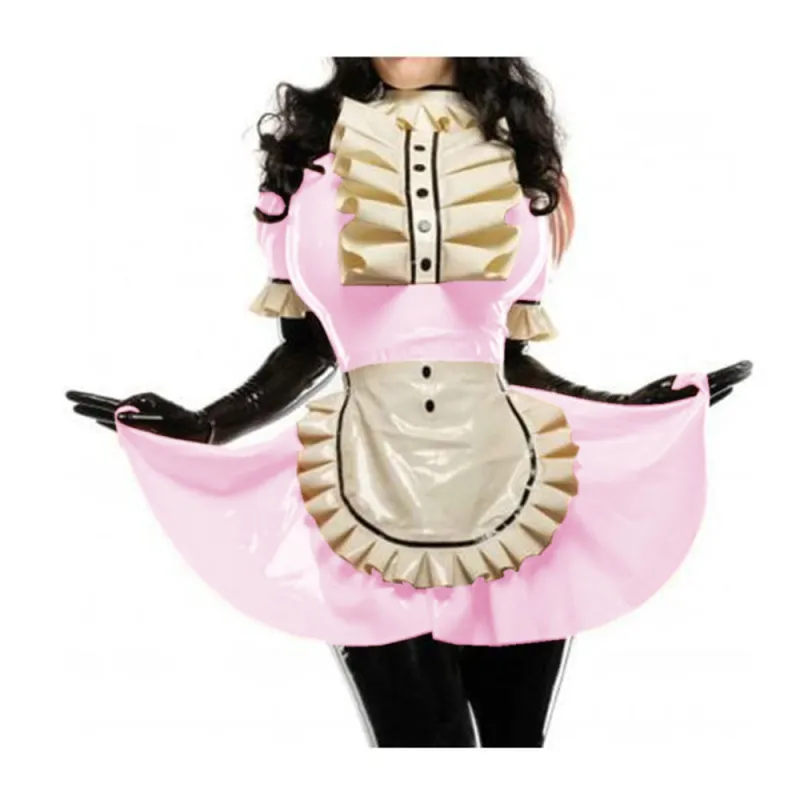 Men Women Shiny PVC French Maid Dress Short Puff Sleeve Apron with Large Ruffles Trims Maid Dress Faux Leather Cosplay Costumes