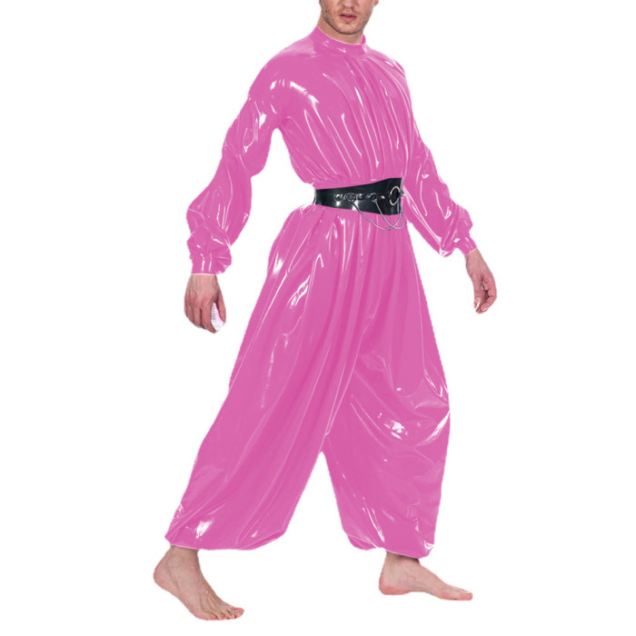 Mens PVC Shiny Loose Jumpsuit Sexy Oversized One-piece Bloomer Rompers Male Mock Neck Long Puff Sleeve Wet Look Body Suit Zentai