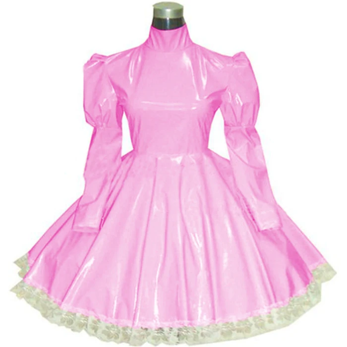 Lolita punk pink PVC Maid Cosplay Fancy Dress Clubwear Long Sleeve Gothic Dress Sexy Sissy French Maid PVC Dress Uniform