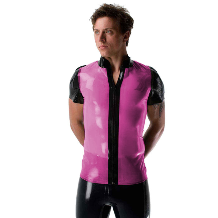 Mens Sexy See Through Jackets Clear PVC Patchwork T-shirt Fetish Plastic Stand Collar Club Tops Punk Style Front Zipper Tops
