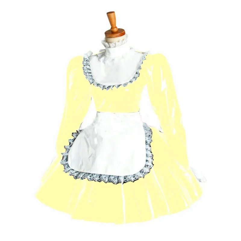 Plus Size Puff Sleeve Maid Cosplay Dress Ladies Lolita PVC Wetlook Apron Dress