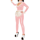 Sexy Clubwear Hollow Out Ruffles Neck Maid Jumpsuit with Apron Womens Mens Shiny PVC French Maid Uniforms Exotic Cosplay Costume