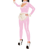 Sexy Clubwear Hollow Out Ruffles Neck Maid Jumpsuit with Apron Womens Mens Shiny PVC French Maid Uniforms Exotic Cosplay Costume