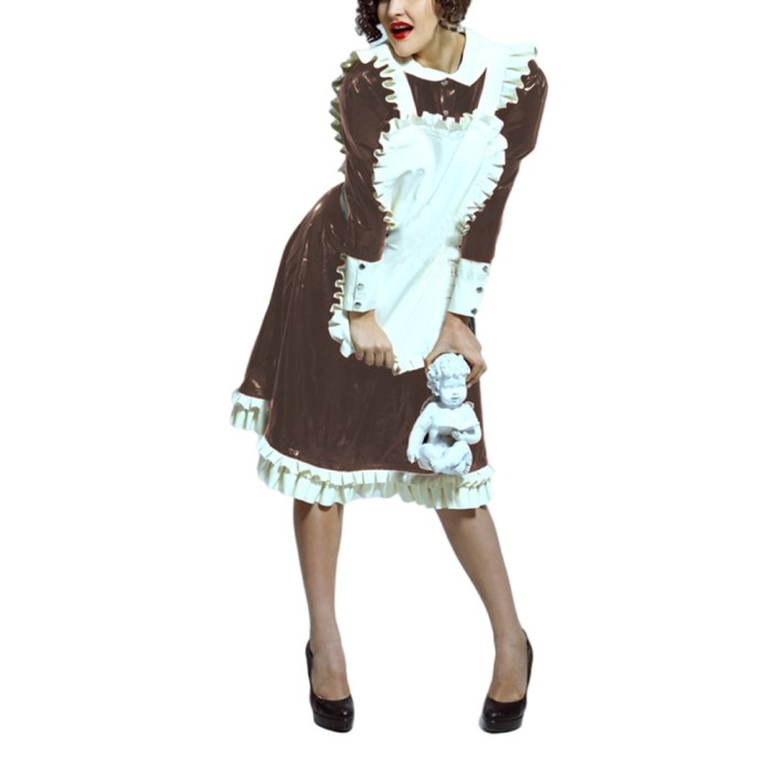 Lolita Peter Pan Collar Long Sleeve Knee-Length Maid Dress with Ruffled  Apron Men Women French