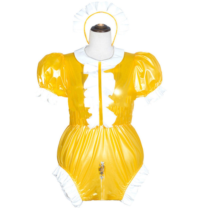 Maids Lockable Crotch Jumpsuits Rompers Sexy Cross Dressing Puff Short Sleeve Maid Cosplay Costumes Sissy Wetlook PVC Bodysuit
