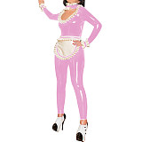 Sexy Clubwear Hollow Out Ruffles Neck Maid Jumpsuit with Apron Womens Mens Shiny PVC French Maid Uniforms Exotic Cosplay Costume