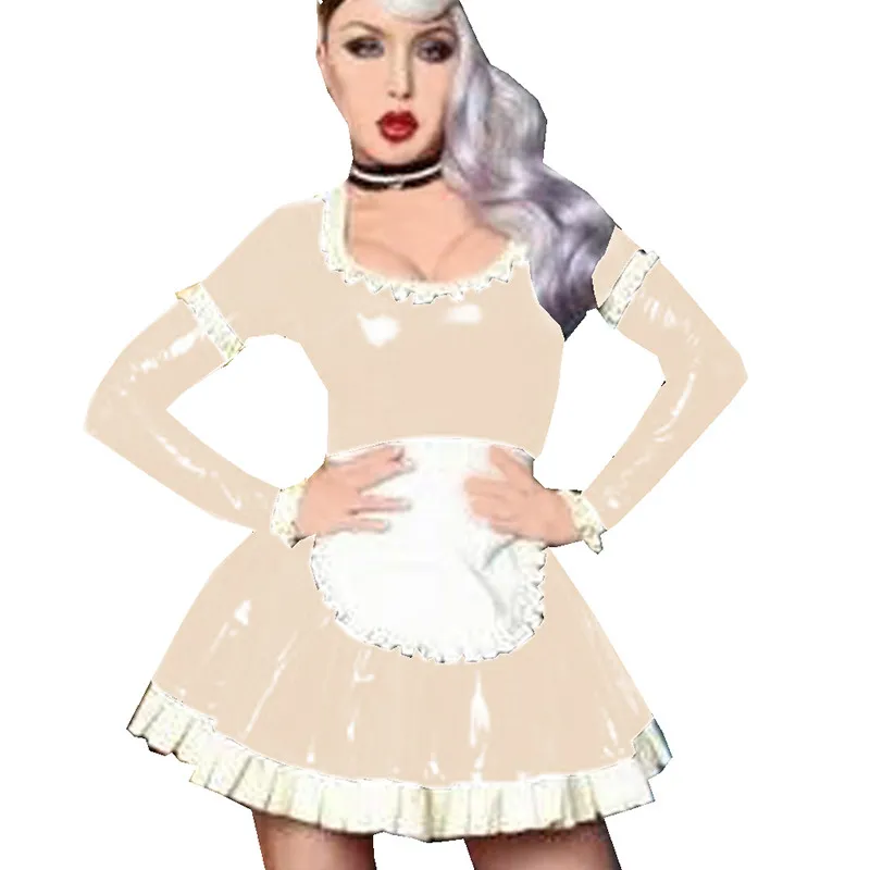 Women Long Sleeve Shiny PVC Maid Dress Maids Halloween Cosplay Costume Sissy Faux Leather Plus Size S-7XL Dresses With Apron