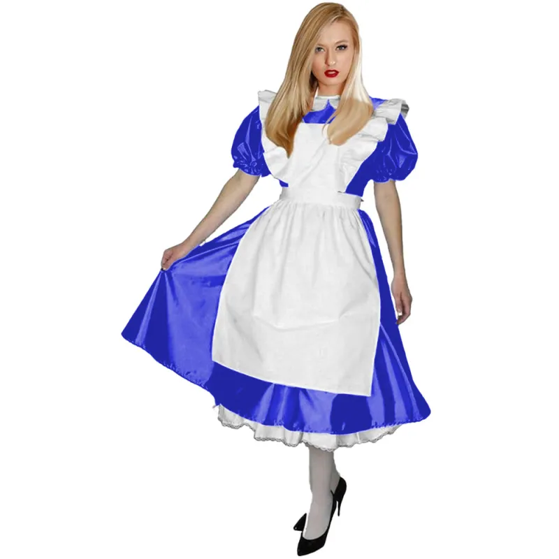 Shiny PVC Leather Lolita Maid Uniforms Peter Pan Collar French Maid Midi Dress with Ruffle Apron Halloween Maid Cosplay Costume