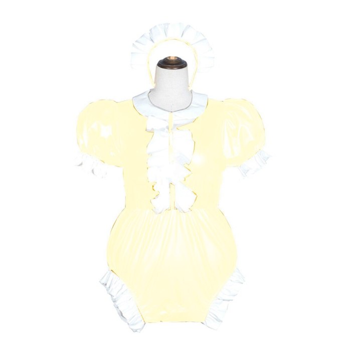 23 Colors Puff Short Sleeve Maid Cosplay Costume Sexy Wetlook PVC Bodysuit Women High Cut Jumpsuit Novelty Stage Fancy Dress