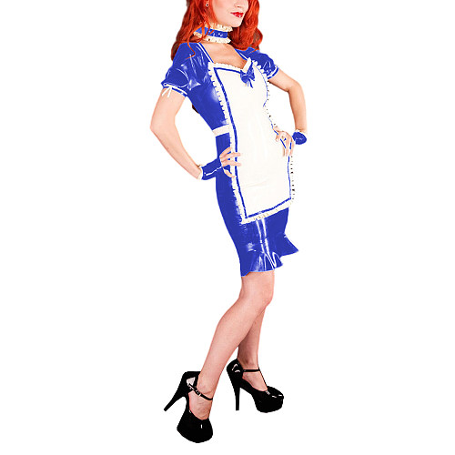 Adult Sexy Shiny PVC Maid Dress Sissy Ruffle Apron Gloves Short Puff Sleeve Bodycon Maid Pencil Dress Fancy Maid Uniform Cosplay
