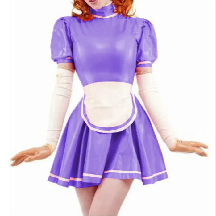 Sexy Sissy PVC French Maid Dress Sweet Wind Puff sleeves Lolita Dress With Apron Wet look PVC Leather Maid Uniform Custom 7XL