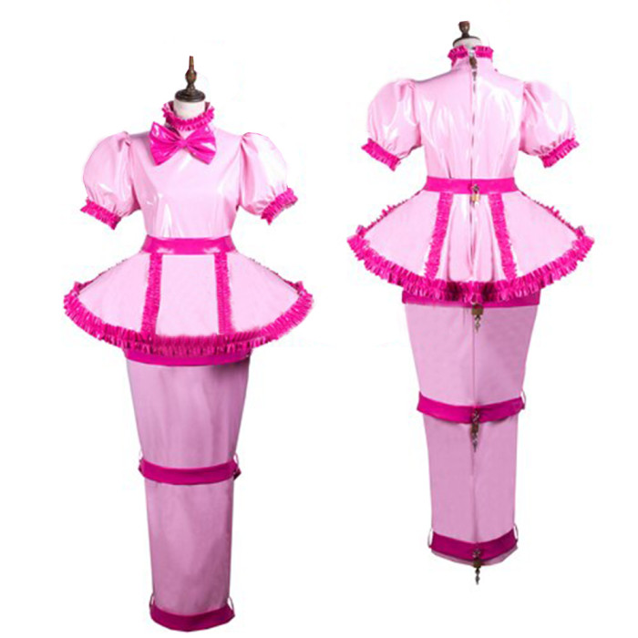 Sissy Pink Ruffles Long Maid Dresses Uniforms Lockable Zipper with Skirted Turtleneck Maxi Pencil Dress Hallowen Cosplay Outfits