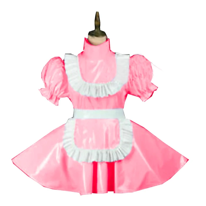 Plus Size Vintage Puff Short Sleeve Maid Dress Retro High Neck PVC Glossy Lady Lolita Mini Pleated Dress Cosplay Party Uniform