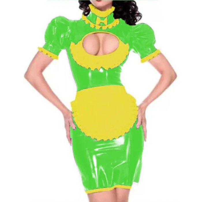 Maid outfit Sweet Lolita Women Leather PVC Gothic Dress Puff Sleeve Bodycon Mini Dress Elegant Ladies Workwear Dress plus size