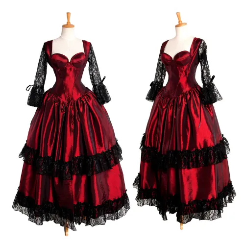 fondcosplay O Dress The Story Of O With Bra Gothic dark red Taffeta Dress black lace Cosplay Costume CD/TV[G212]