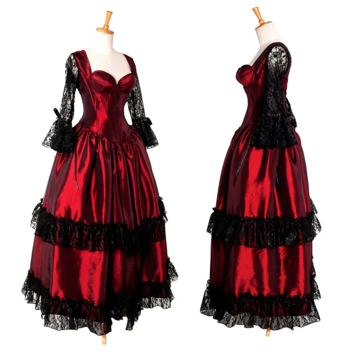 fondcosplay O Dress The Story Of O With Bra Gothic dark red Taffeta Dress black lace Cosplay Costume CD/TV[G212]