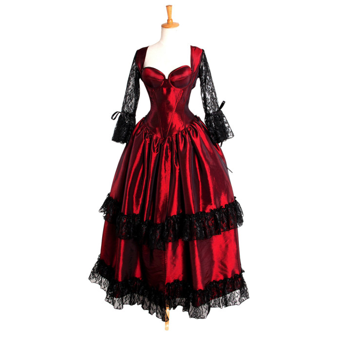 fondcosplay O Dress The Story Of O With Bra Gothic dark red Taffeta Dress black lace Cosplay Costume CD/TV[G212]
