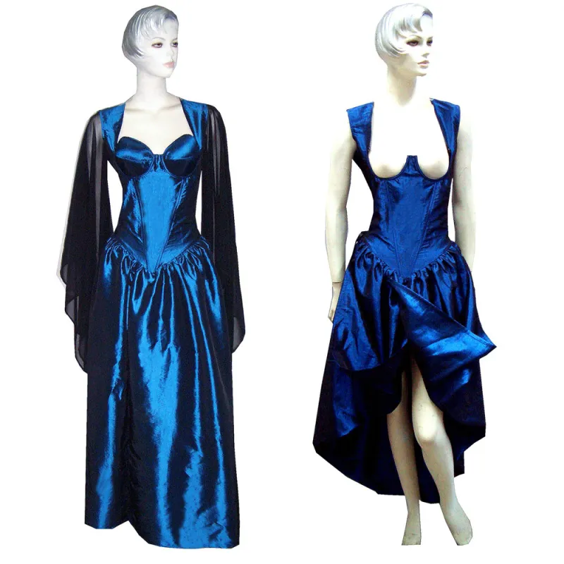 fondcosplay O Dress The Story Of O With Bra Blue Taffeta nude breasted Dress black Chiffon sleeves Costume CD/TV[G315]