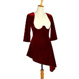 fondcosplay O Dress The Story Of O dark red Velvet nude breasted Dress Cosplay Costume CD/TV[G612]