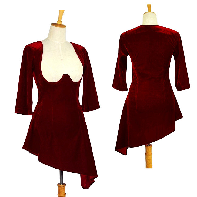 fondcosplay O Dress The Story Of O dark red Velvet nude breasted Dress Cosplay Costume CD/TV[G612]