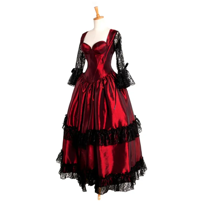 fondcosplay O Dress The Story Of O With Bra Gothic dark red Taffeta Dress black lace Cosplay Costume CD/TV[G212]