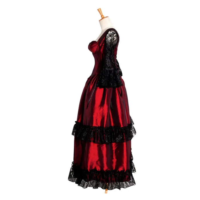 fondcosplay O Dress The Story Of O With Bra Gothic dark red Taffeta Dress black lace Cosplay Costume CD/TV[G212]