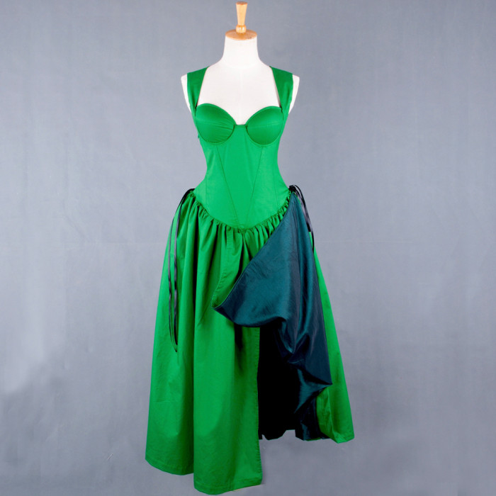 fondcosplay O Dress The Story Of O With Bra Green Taffeta Dress nude breasted Cosplay Costume CD/TV[G743]