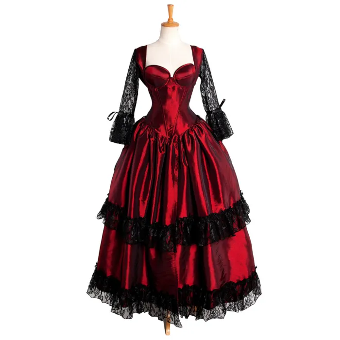 fondcosplay O Dress The Story Of O With Bra Gothic dark red Taffeta Dress black lace Cosplay Costume CD/TV[G212]