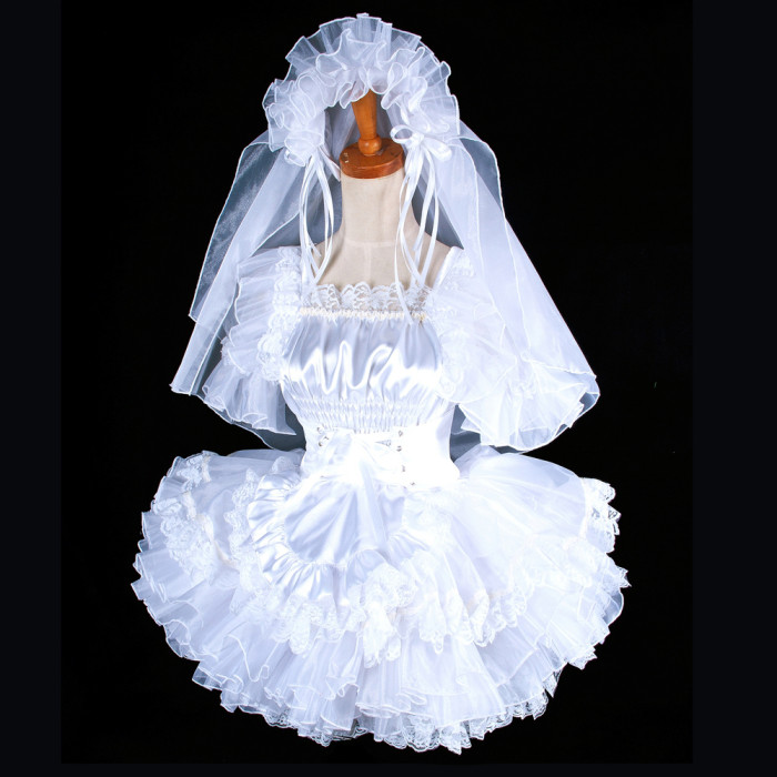 fondcosplay adult sexy cross dressing sissy maid short lockable white Satin Wedding headpiece dress apron Tailor-made [G1596]