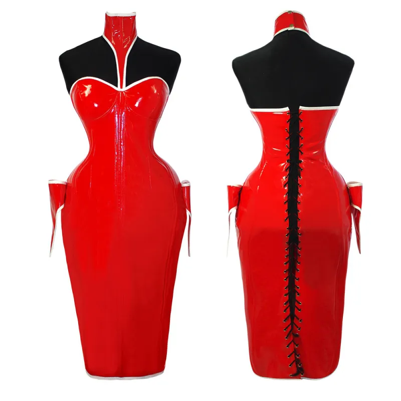 fondcosplay adult sexy cross dressing sissy maid red heavy pvc Corset Dress Gothic Silk Uniform Custom-made CD/TV[G1067]