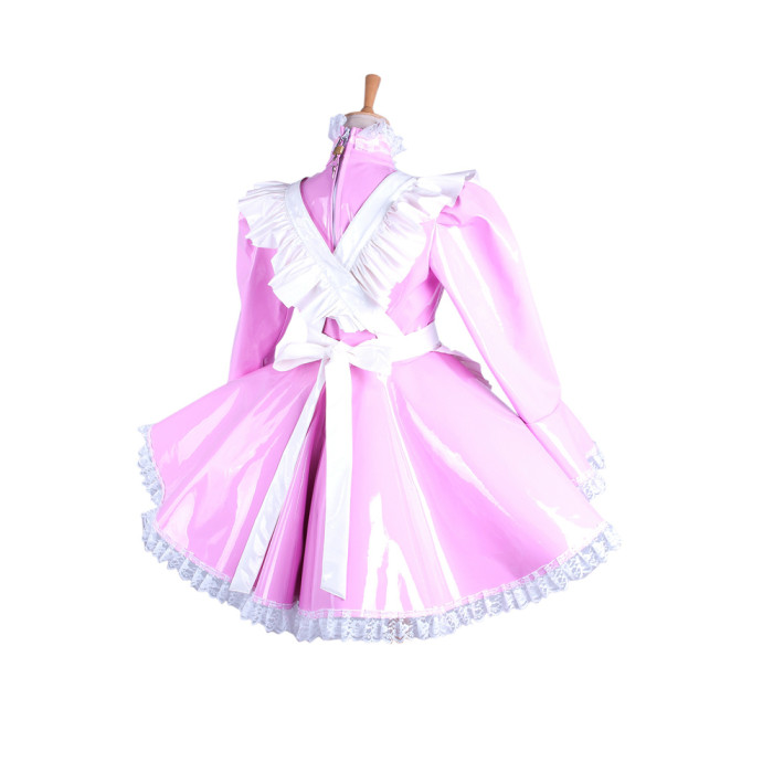 fondcosplay adult cross dressing sissy maid short pink heavy PVC lockable Dress vinyl Uniform white apron CD/TV[G1547]
