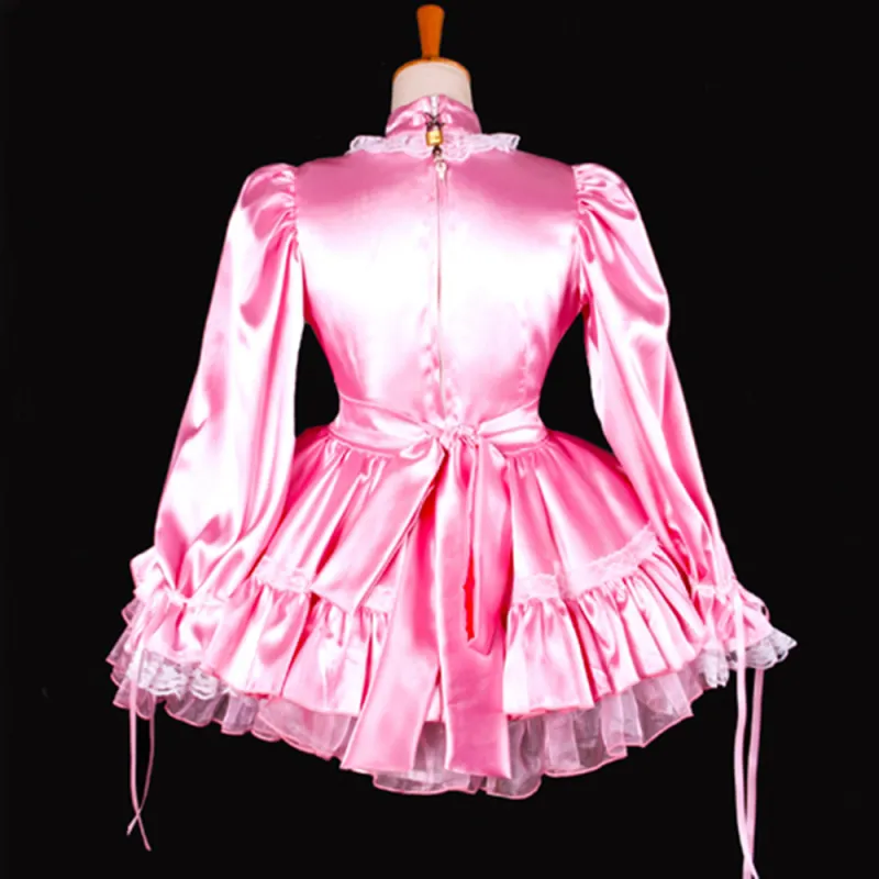 fondcosplay adult sexy cross dressing French sissy maid lockable baby pink Satin Uniform dress apron costume Custom-made[G794]
