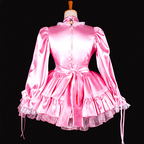 fondcosplay adult sexy cross dressing French sissy maid lockable baby pink Satin Uniform dress apron costume Custom-made[G794]
