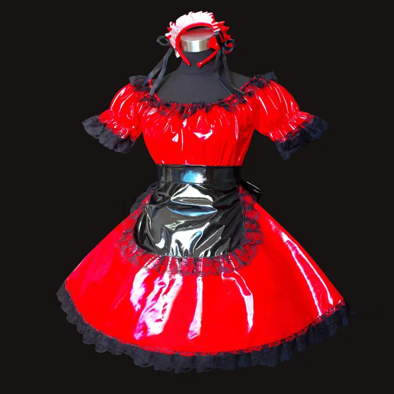 fondcosplay adult sexy cross dressing sissy maid short Dress Red thin Pvc Dress Uniform Cosplay Costume Custom-made[G510]