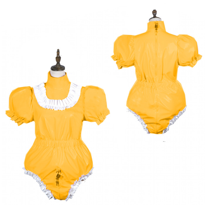 Sissy Maid Bodysuit Shiny PVC Lolita Puff Short Sleeve Cosplay Costume Vinyl Maid Dress Lockable Gothic Jumpsit Plus Size[G3779]