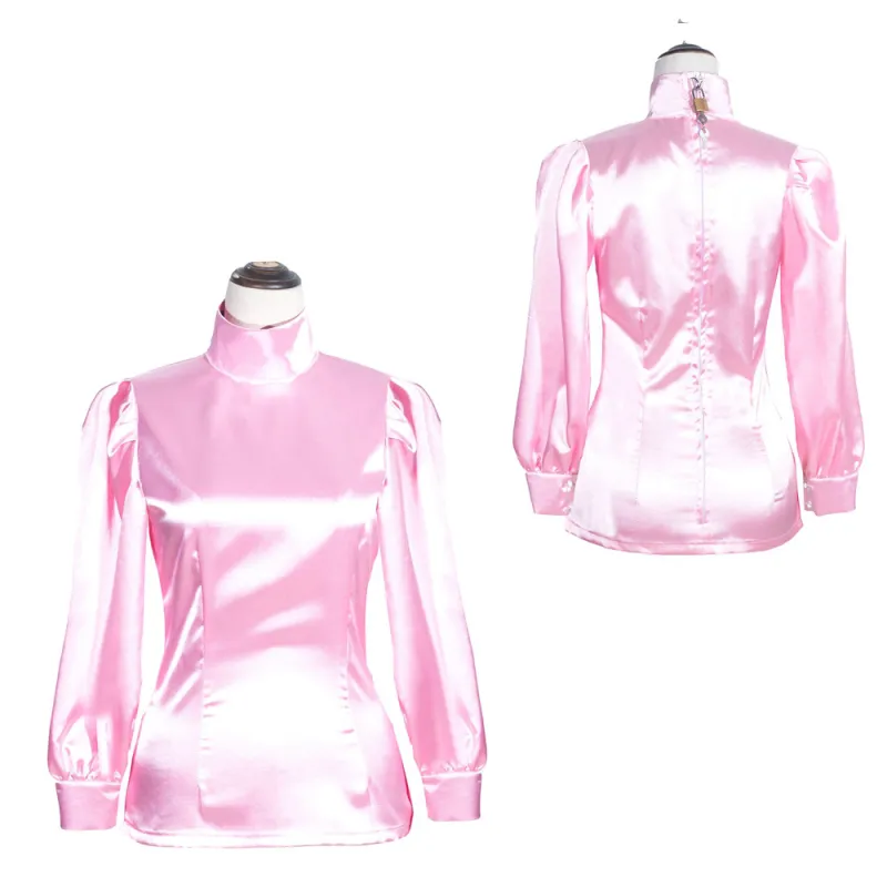 fondcosplay adult sexy cross dressing sissy maid short French baby pink satin shirt Uniform Lockable Costume CD/TV[G4006]