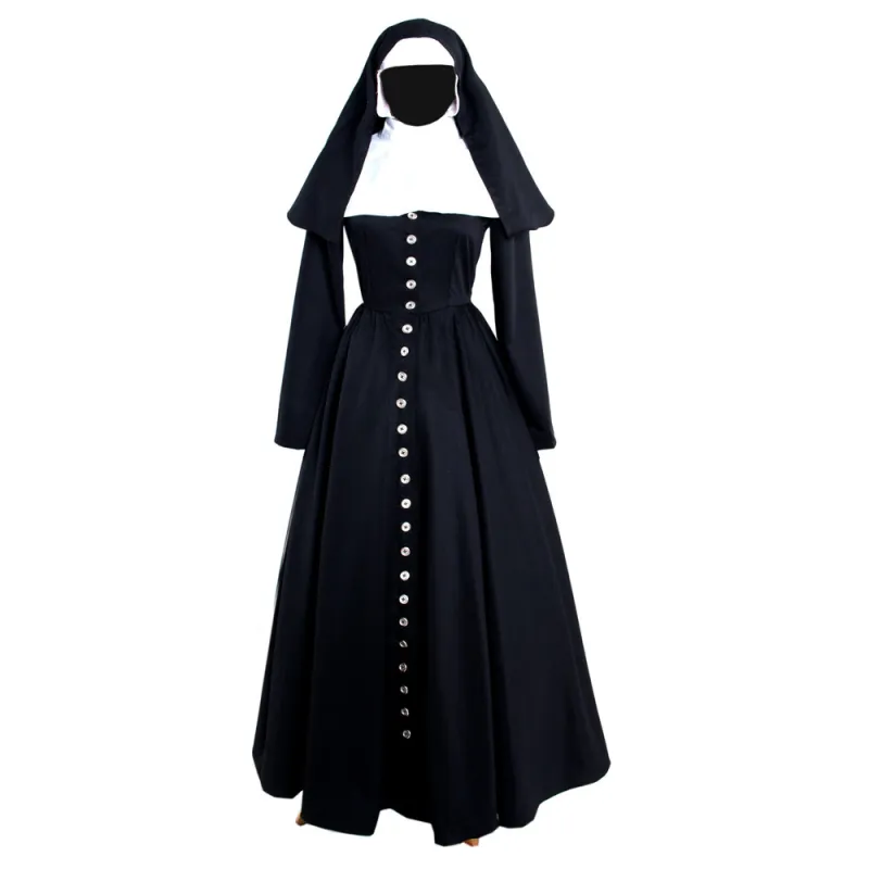 fondcosplay cross dressing sissy maid Gothic Nun black cotton buttons Dress Outfit headpiece cosplay Costume CD/TV[G883]